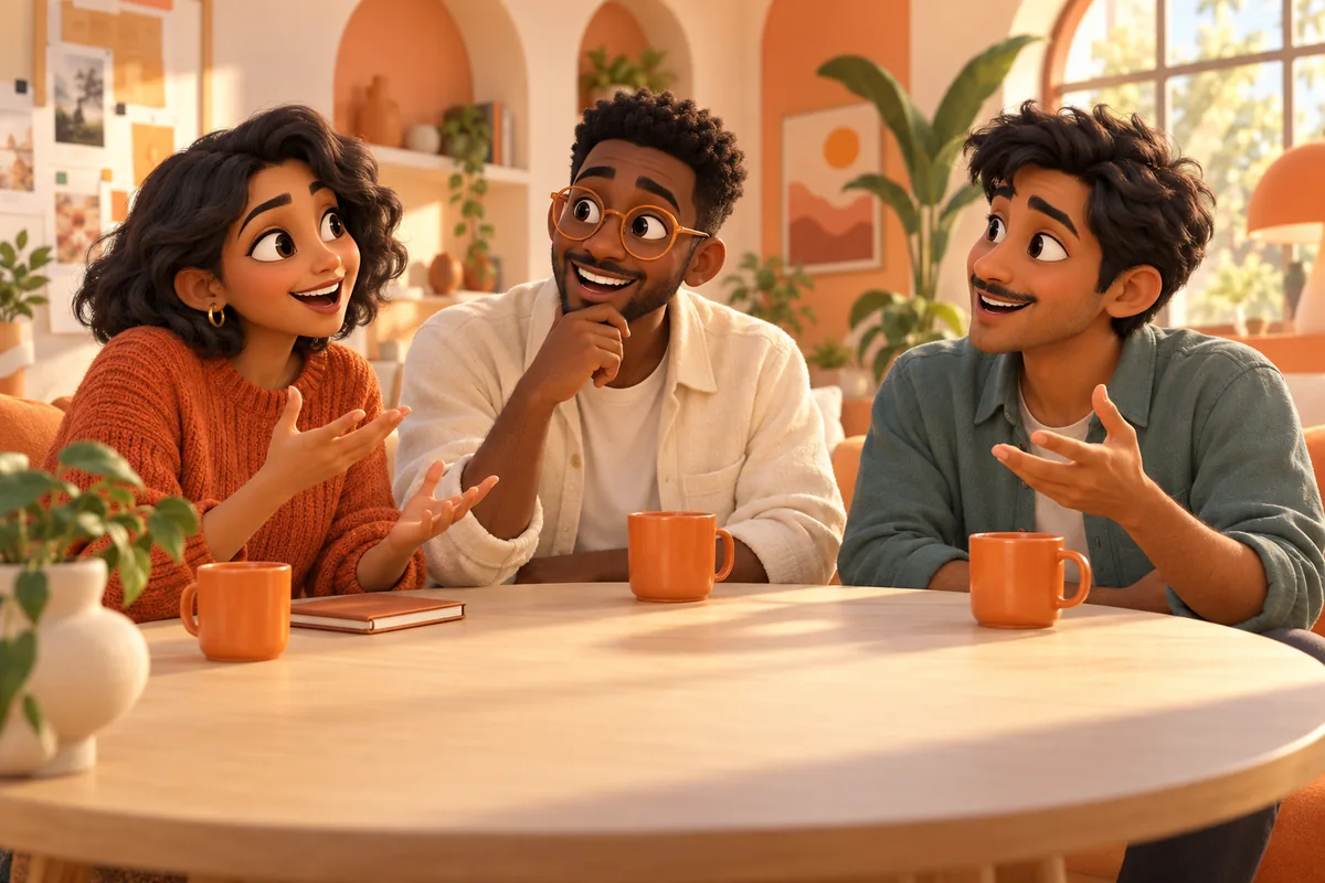 Three expressive 3D cartoon teammates sharing ideas in a sunlit peach-colored studio